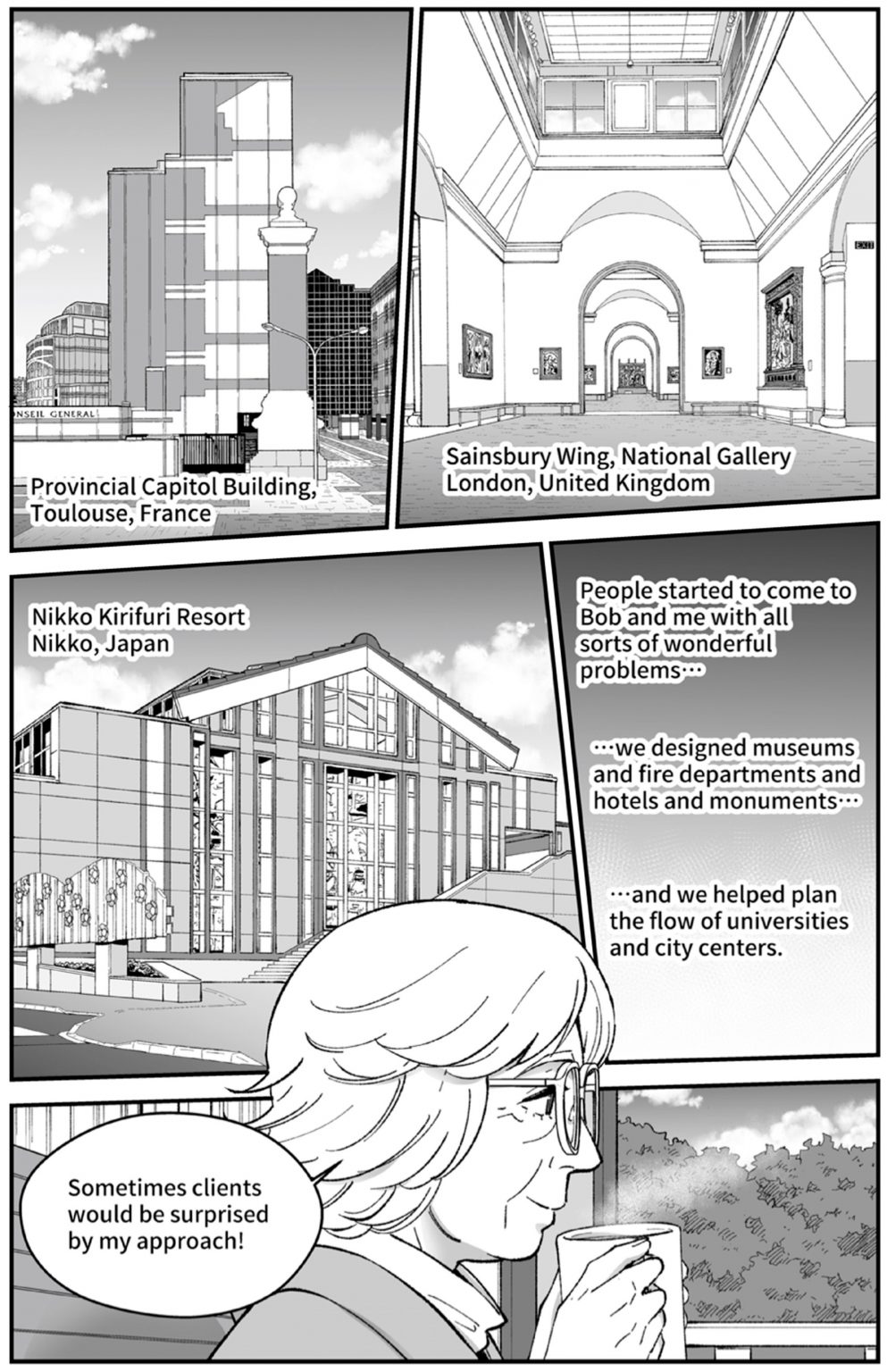 Scott Brown and Venturi buildings drawn in manga style