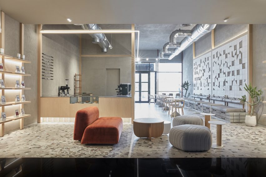 Terrazzo floor and wooden coffee bar