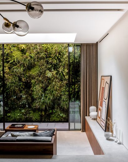 Sunken seating area and living wall of the Knightsbridge Mews House