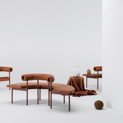Font sofa system including curved sofa