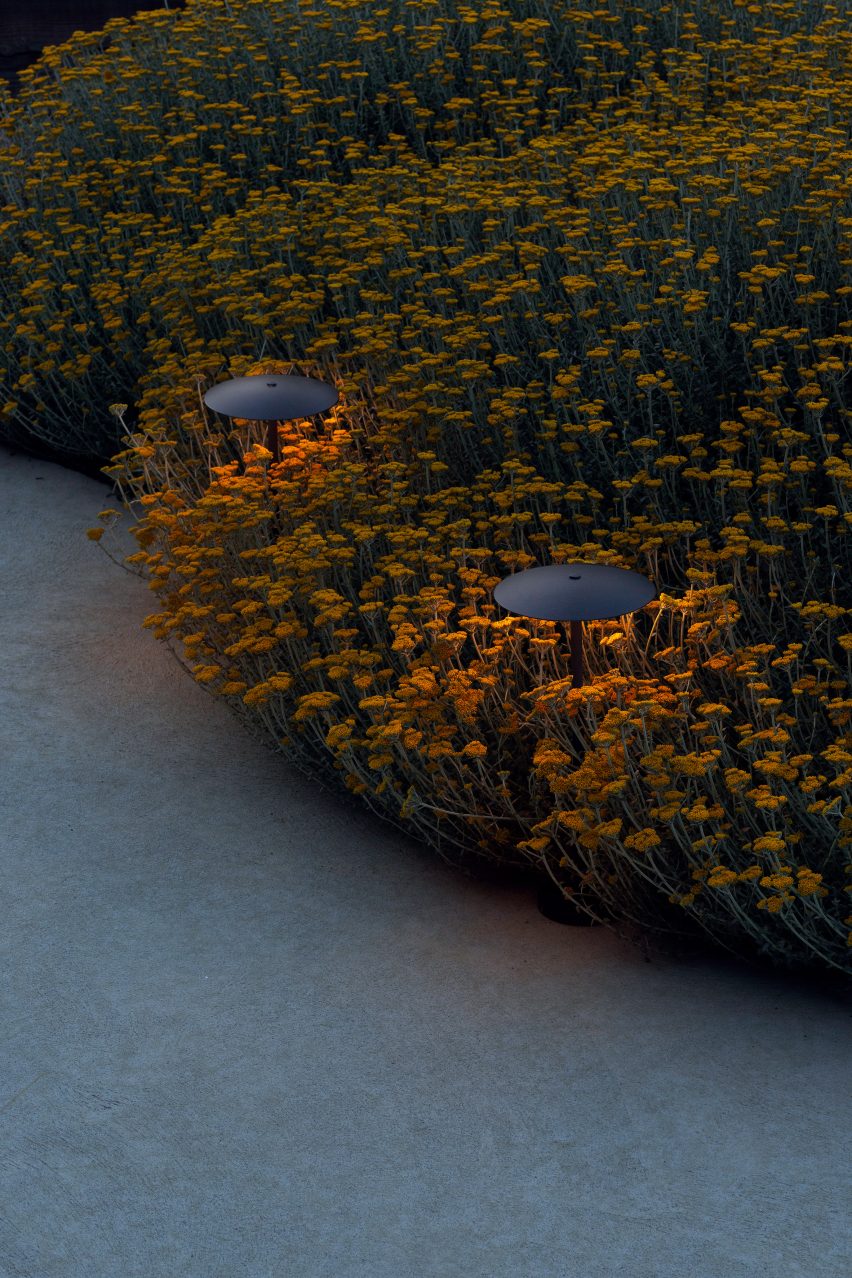 Two outdoor lamps by Marset hidden within greenery