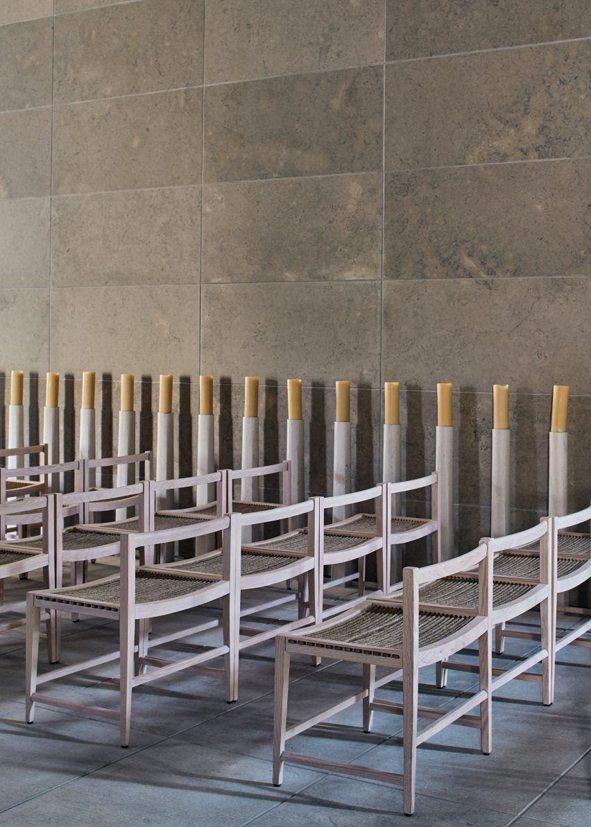 Light wood furniture in a chapel nave