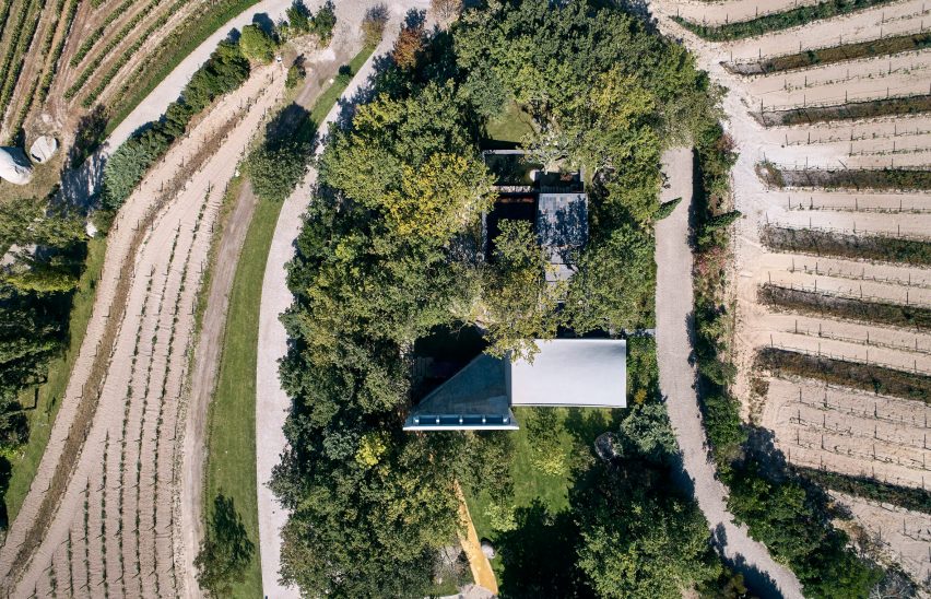 Aerial view of a concrete chapel in Portugal