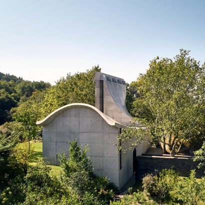 A concrete chapel on a hill in Portugal