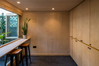 Birch plywood bar and storage shelves from Hansler Road house extension by Alexander Owen Architecture