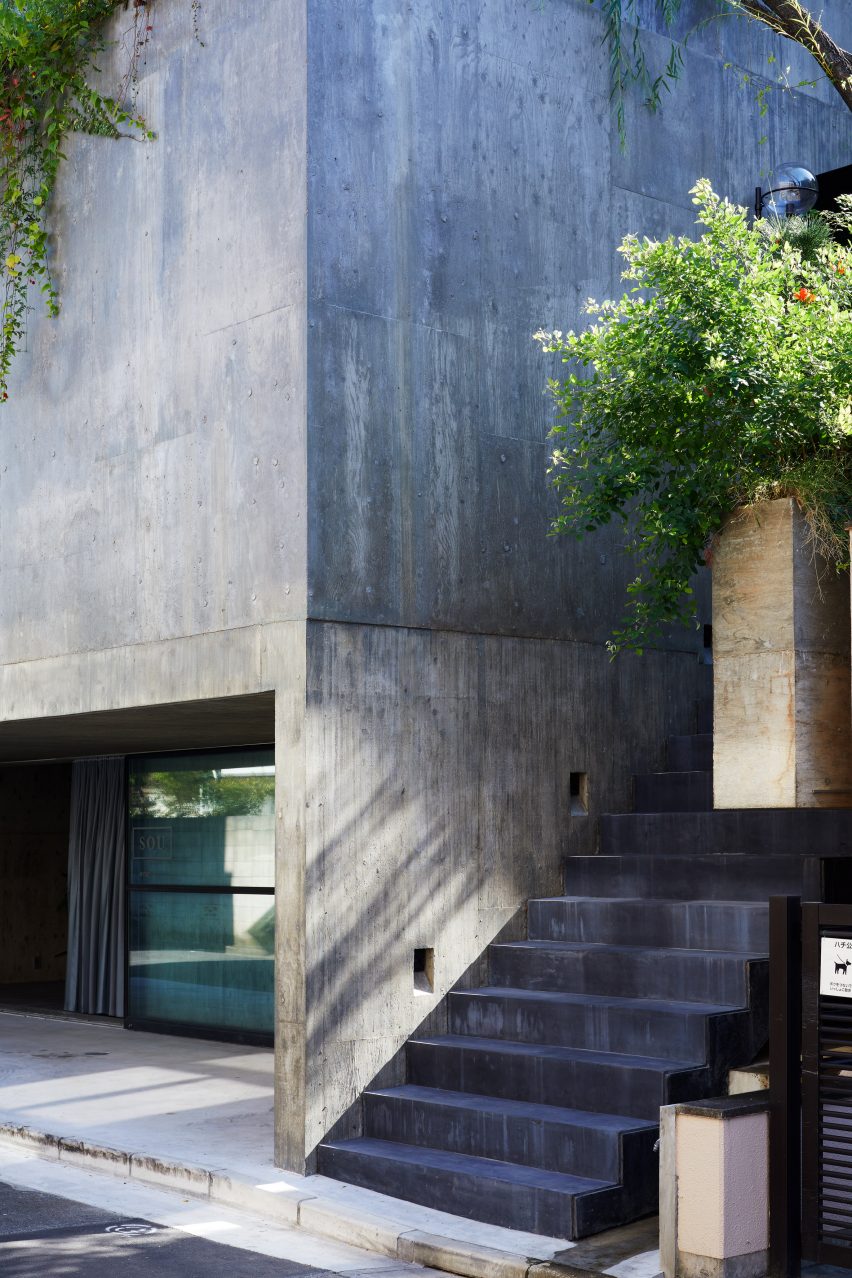 A concrete facade of a Japanese house