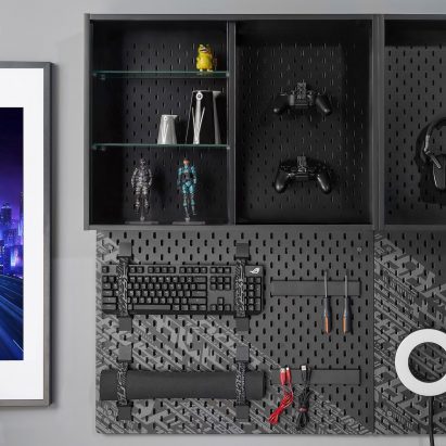 Uppspel pegboard and shelving from gaming furniture collection by IKEA and Republic of Gamers