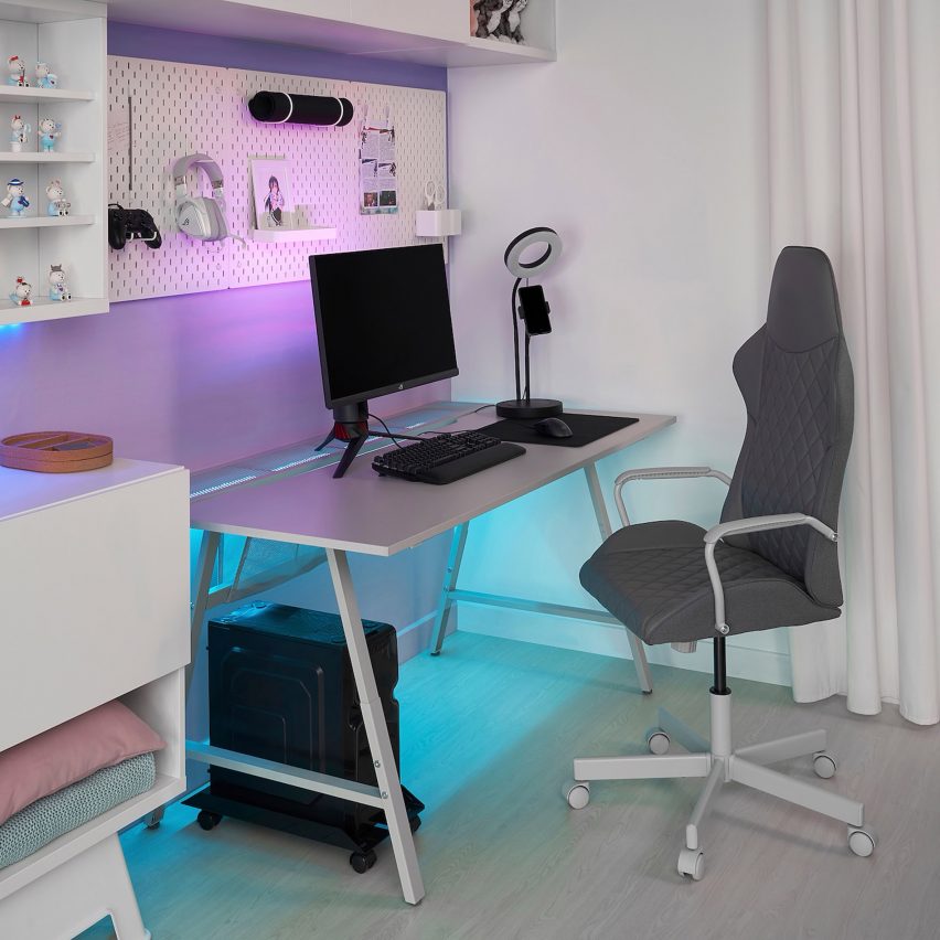 A grey desk and office chair by IKEA