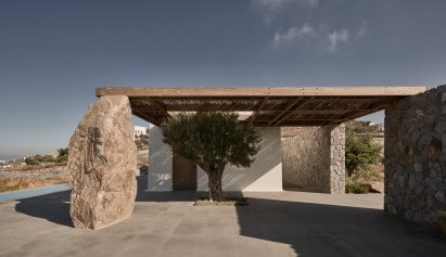 Chestnut wood lattice roof at a Greek holiday home