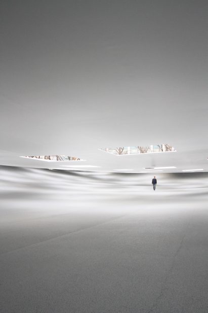 Inside a sheltered white plaza