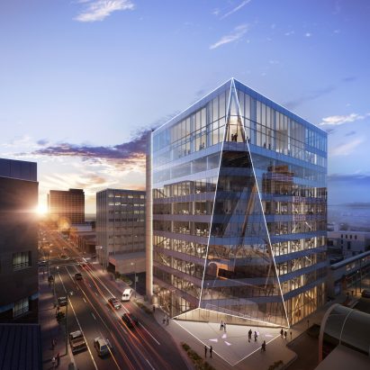 An office with angular curtain walls by Perkins and Will
