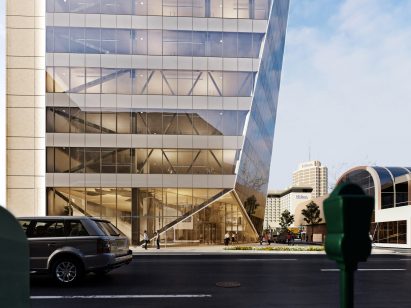 The exterior of an office in Alaska with angular curtain walls