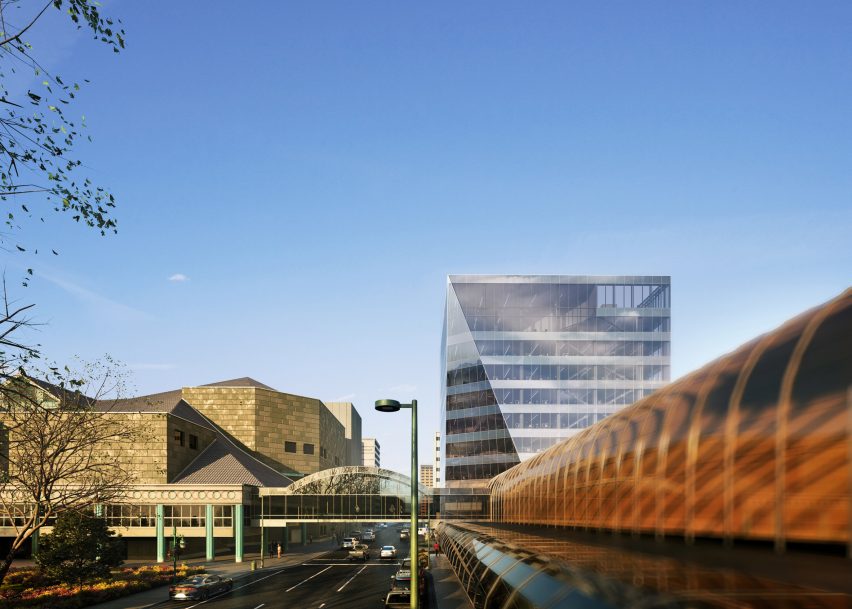 A visual of the glacier-like Key Bank Plaza office by Perkins and Will