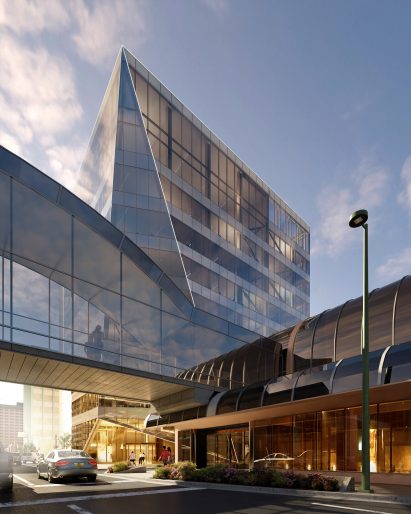 A visual of an office by Perkins and Will with angular curtain walls