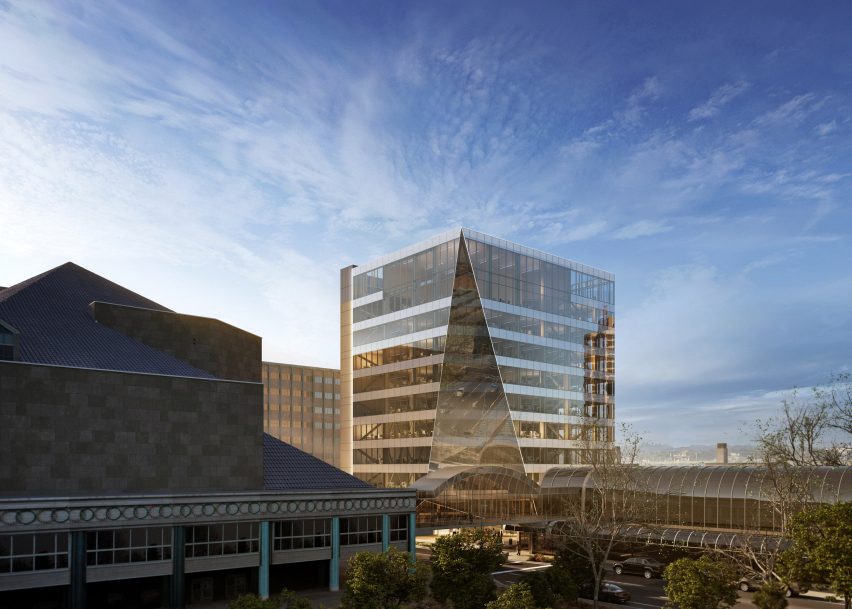 The exterior of the glacier-like Key Bank Plaza office by Perkins and Will