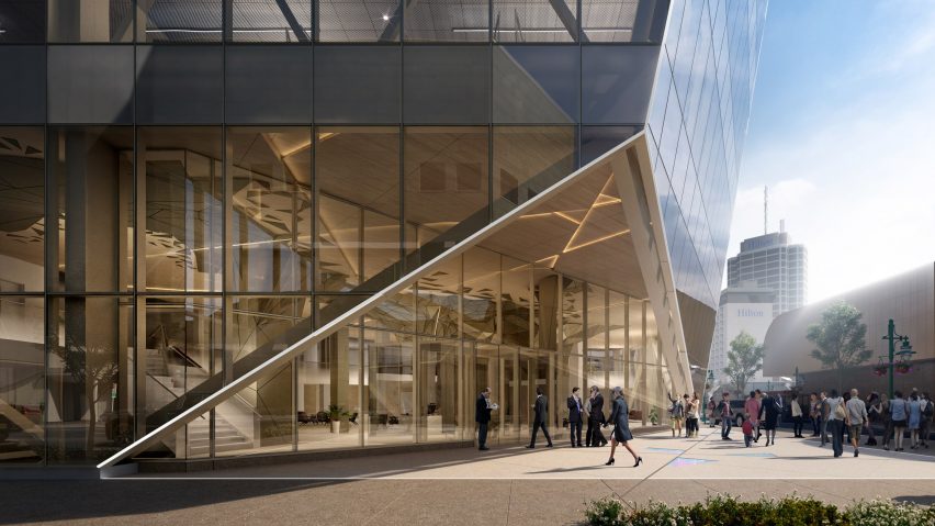 The entrance to an angular office in Alaska by Perkins and Will