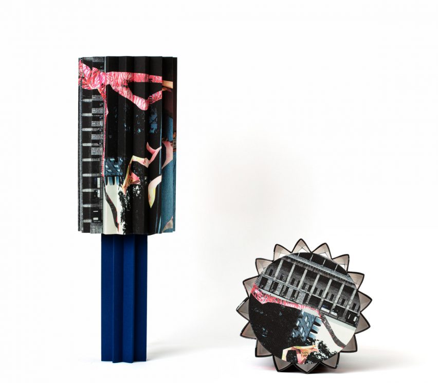 Blue Plissé lamp with printed shade