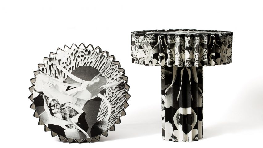 Patterned and pleated table lamps in black and white by Folkform