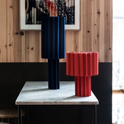 Blue and red pleated Plissé lamps