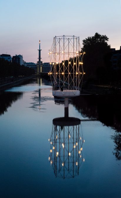 Concrete and steel pavilion with lights