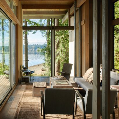 The living room of a timber cabin