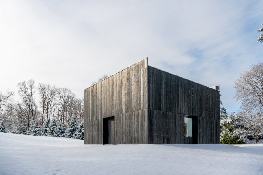 Snow view of LX Pavilion by OLI Architecture for London Cross by Richard Serra