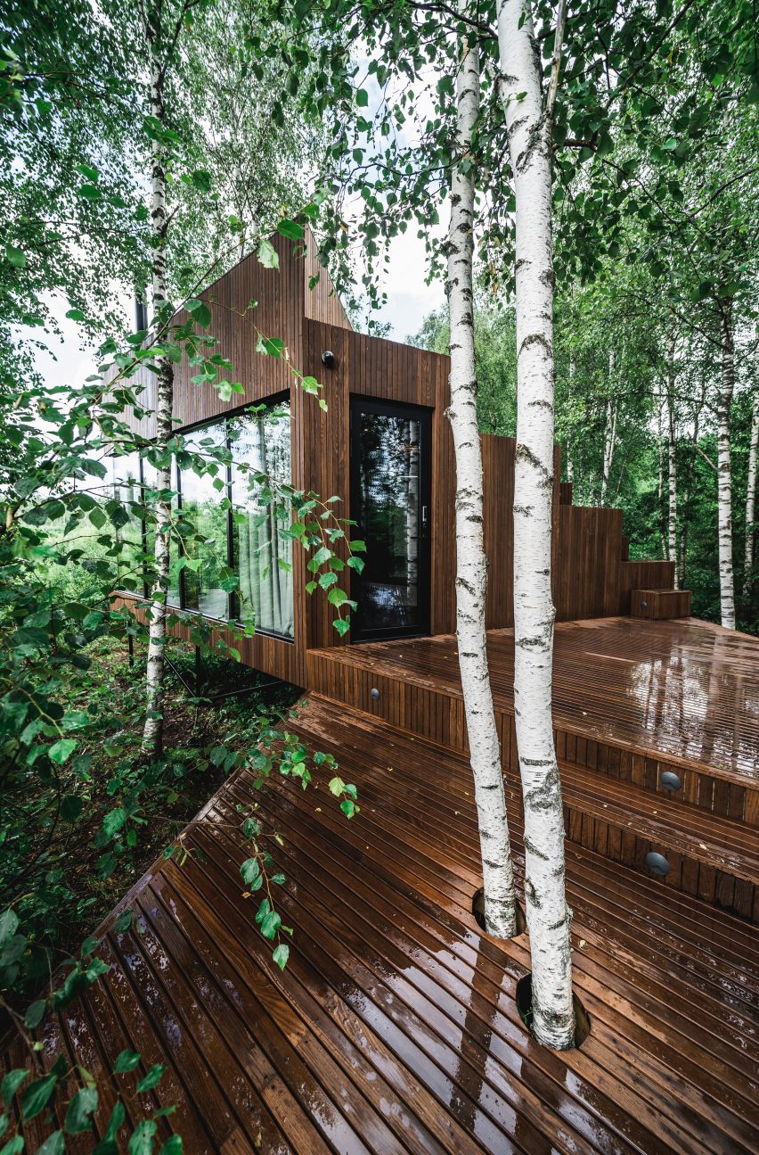 Wooden decking outside a holiday cabin