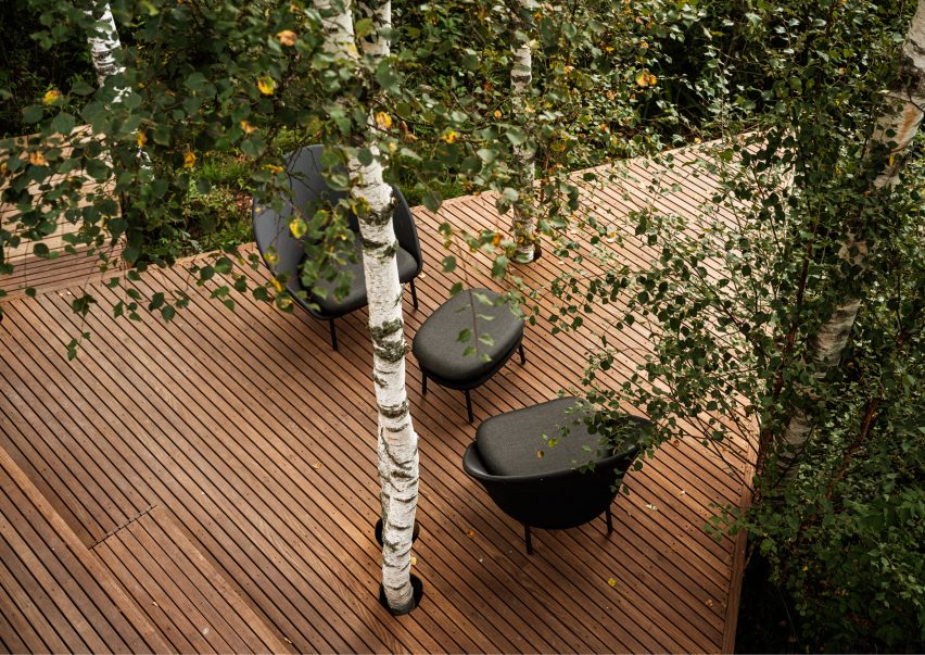 The wooden decking of a holiday cabin