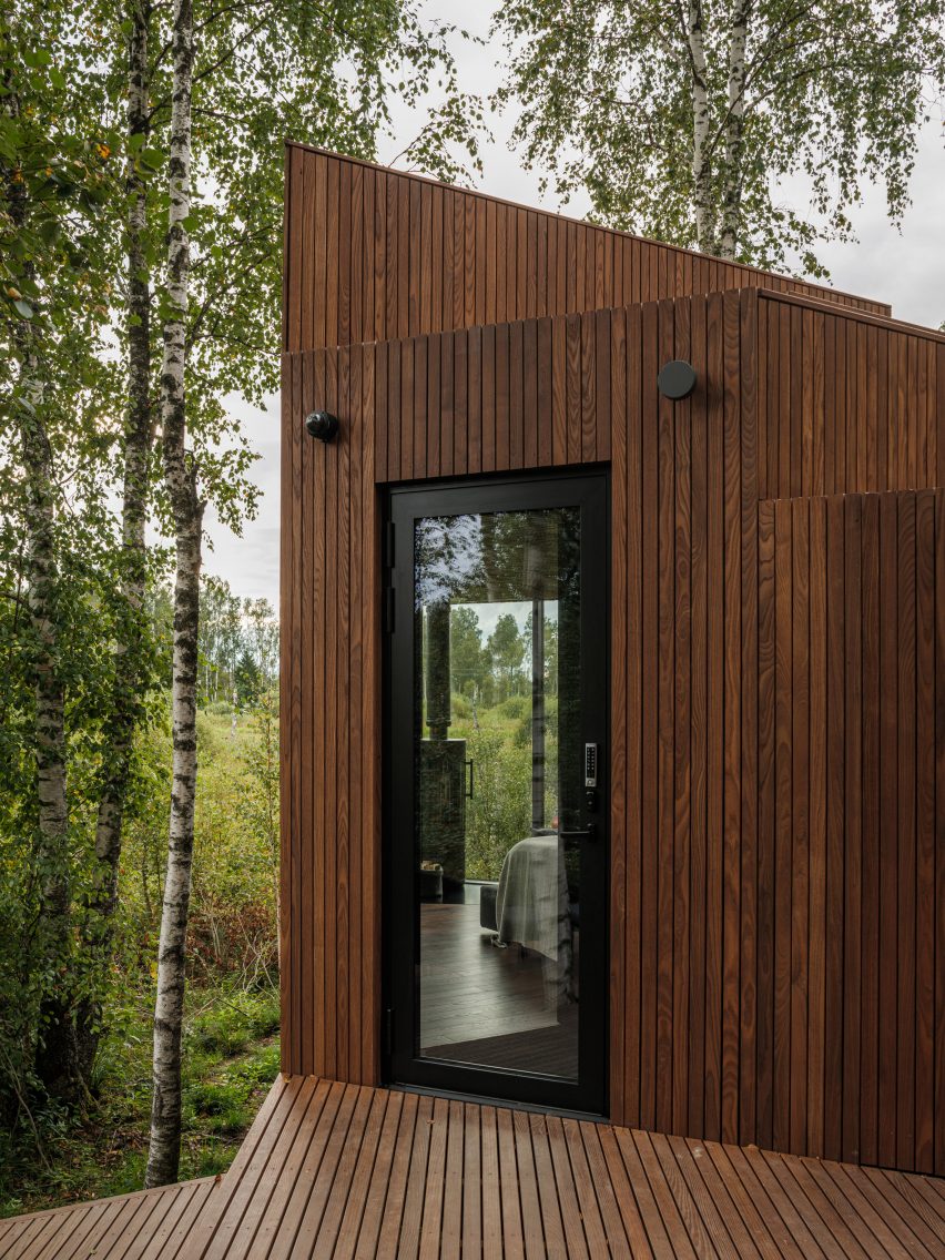 The dark-wood cladding of a bogland cabin