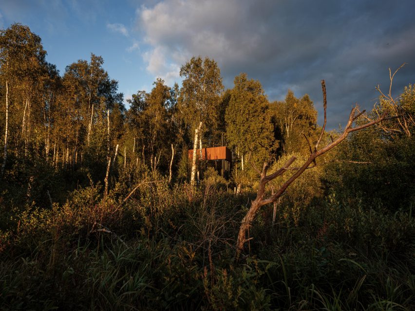 Estonian bogland with a wood-clad cabin