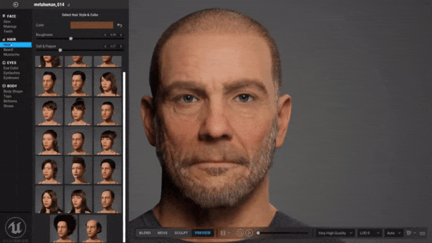 Demo of MetaHuman Creator by Epic Games and Unreal Engine