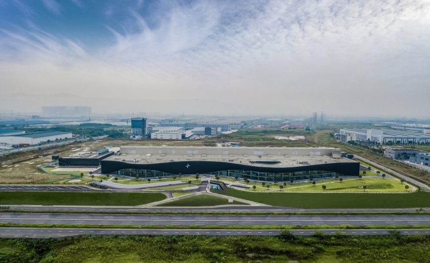 Aerial view of an electric car factory
