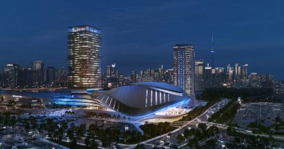 Exterior of Toronto esports stadium at night