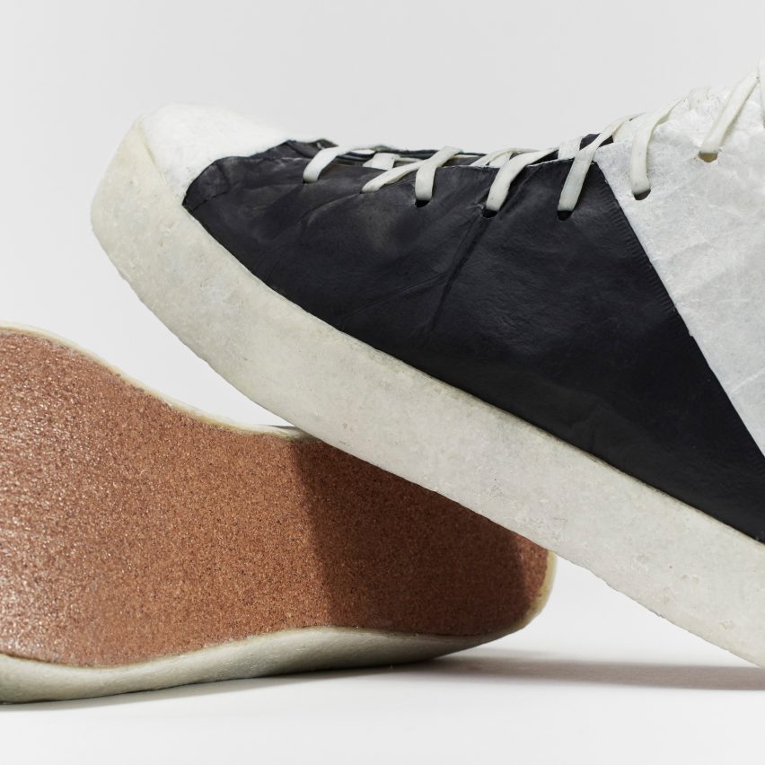 Close-up of microbial bio-leather trainers by Public School and Theanne Schiros