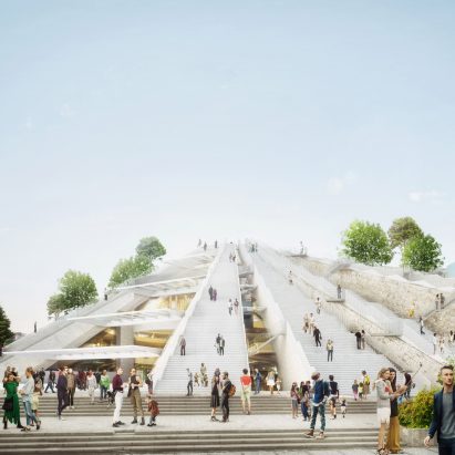Steps line the roof and facade