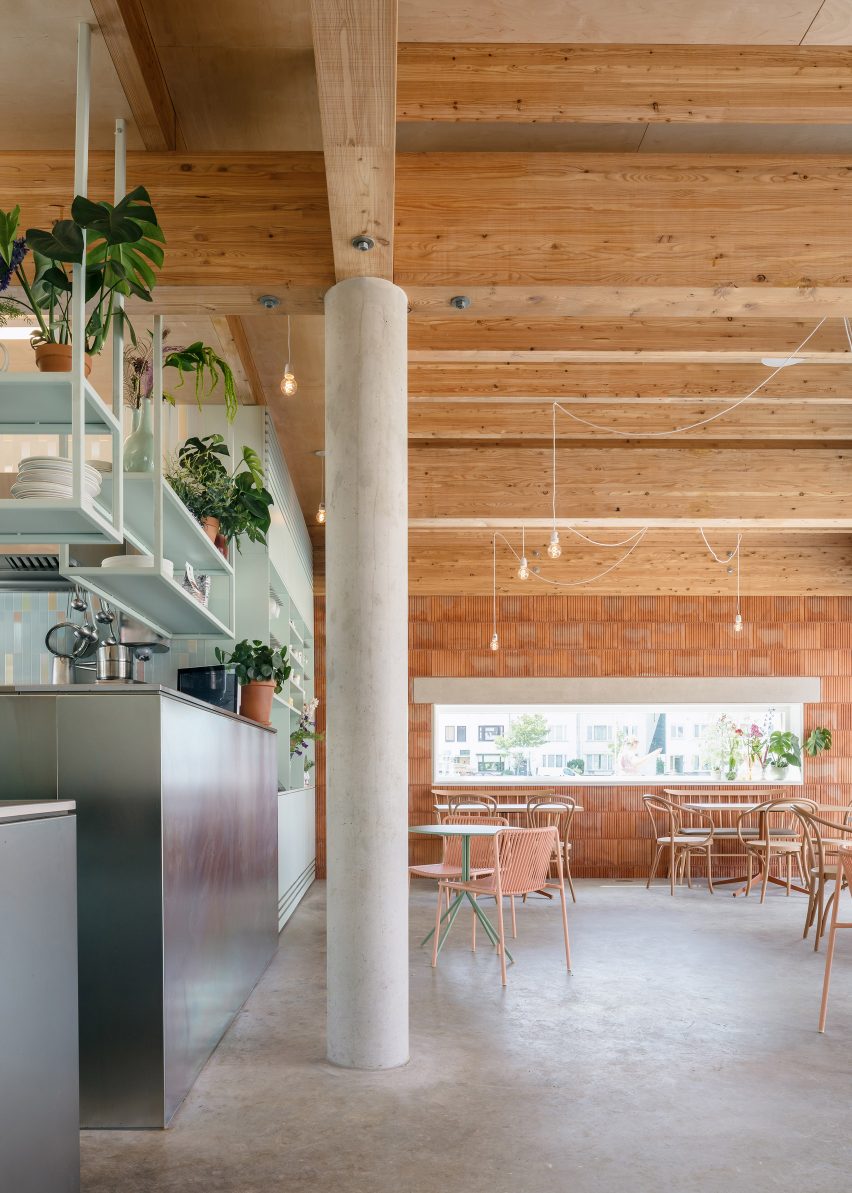 Wooden ceiling and concrete pillar with plants