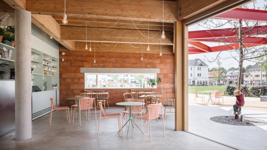 Pink chairs inside Dutch restaurant