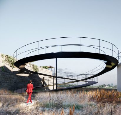A garden with a spiralling ramp 