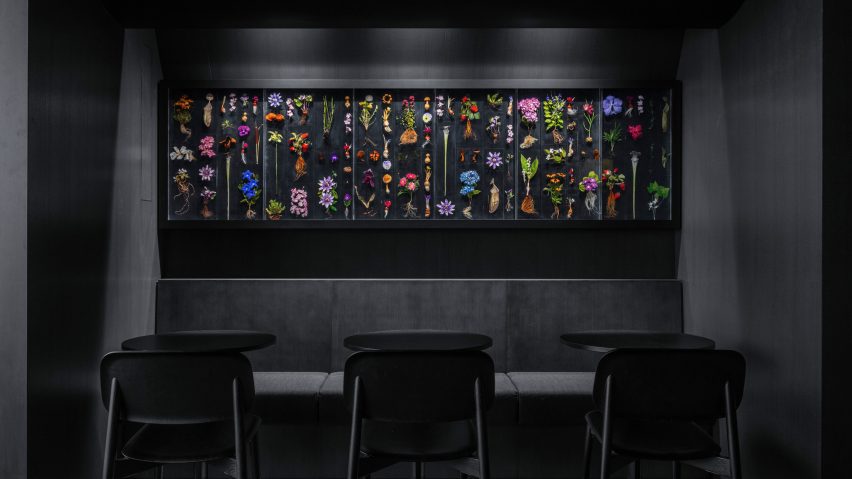 Floral artwork by Makoto Azuma in Tokyo restaurant by Snøhetta