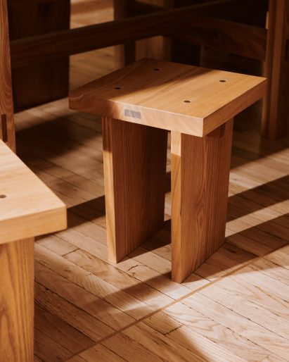 Wooden stools of Sofi bakery in Berlin by Mathias Mentze, Alexander Vedel Ottenstein and Dreimeta