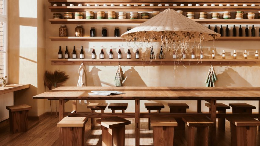 Built-in shelves and communal seating of Sofi bakery in Berlin by Mathias Mentze, Alexander Vedel Ottenstein and Dreimeta