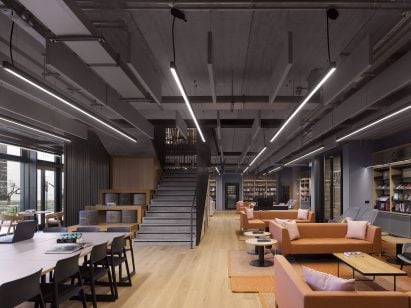 Sofas and areas for group working are located on the ground floor