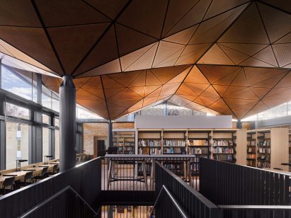 Geometric ceiling undulates over the upper level 
