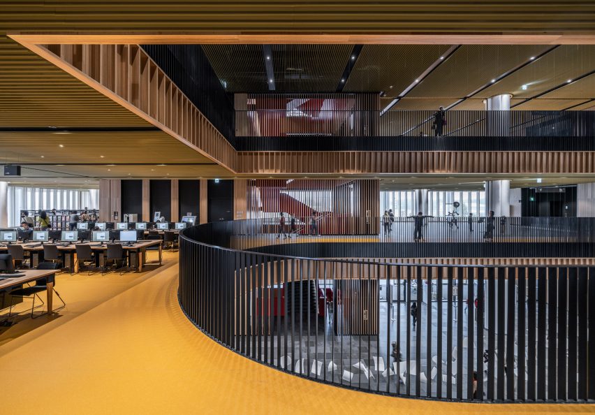 A bright yellow and wooden library interior