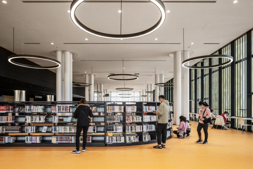 A yellow-floored library interior