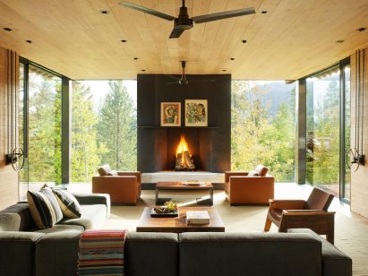 US home with large black fireplace