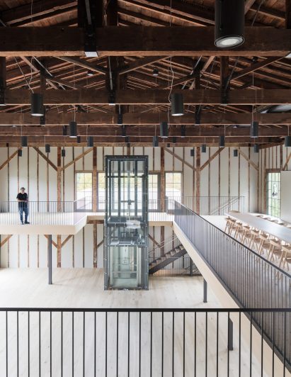 Glass elevator in converted church in New York state