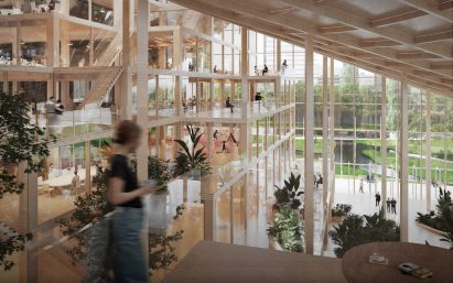 Timber walls and ceiling inside a CLT skyscraper