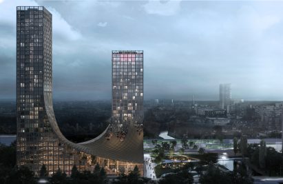 Two skyscrapers connected at their base