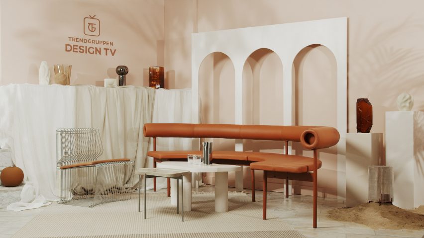 TV set design in warm terracotta and beige colours and a vault-shaped backdrop